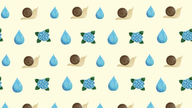 カタツムリと紫陽花と雨粒のループアニメーション背景