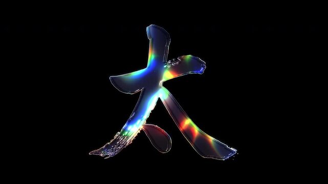 A brush-painted Kanji "太" shimmering with various colored lights on a glass-like surface with an alpha channel. Seamless loop video.