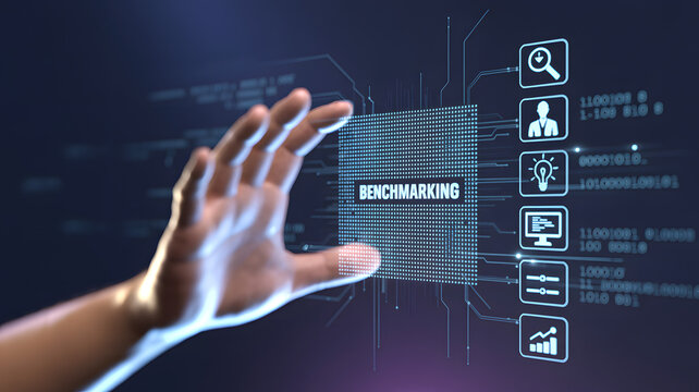 Hand interacting with digital benchmarking interface on dark background with icons