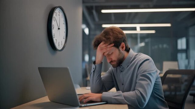 Clock Watching Employee. Quiet Quitting. Workplace Culture. Medium shot of an office worker glancing repeatedly at a wall clock while slowly typing on a laptop, set in a modern open office workspace
