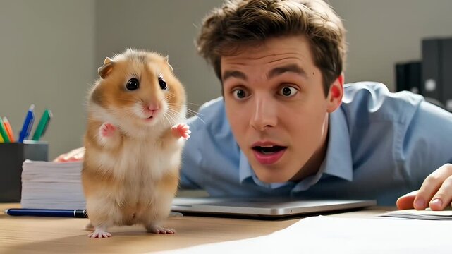Young Man Having Funny Reaction to Cute Hamster at Desk