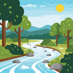 Naklejka premium A stylized river flows through a forest under a bright sun