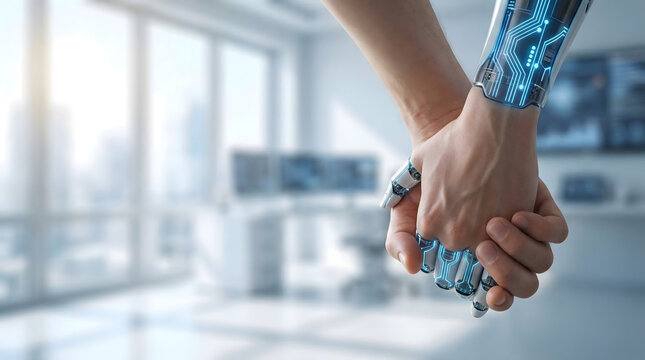 Conceptual illustration of a stylised human and an AI robot collaborating to solve problems with copy space