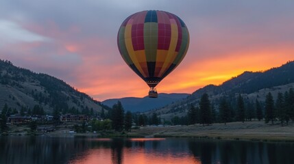 Fototapeta premium Serene Sunset Flight with Colorful Hot Air Balloon