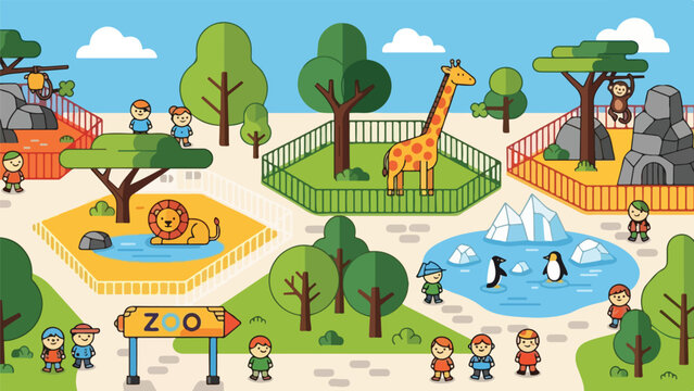 A vibrant illustration showcasing a zoo with diverse animals and visitors