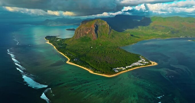 Aerial view of Underwater waterfall in a coral reef with turquoise water. Island Mauritius in the Indian Ocean