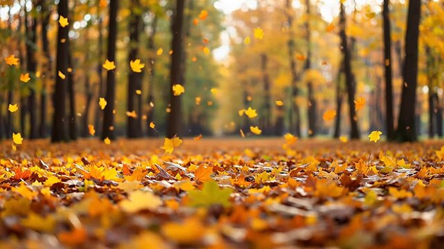 Autumn leaves falling in forest