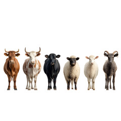 Fototapeta premium Five farm animals standing side by side isolated on transparent background