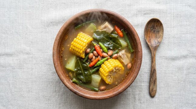 Overhead photorealistic commercial stock photo of sayur asem tangy vegetable soup with corn, melinjo leaves, and tamarind broth, steaming gently in clay bowl, clean neutral background