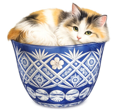 Calico cat curled up in blue cut glass bowl, isolated transparent PNG