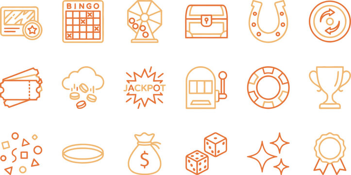 Variety of line art gambling, casino, and lottery game icons in warm gradient colors.