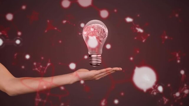 Forearm entering left supporting hovering bulb with brain, animated neural motifs showing tech idea