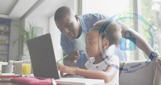 Dad pointing green pencil guiding daughter typing laptop for school, showing lock leading high-five