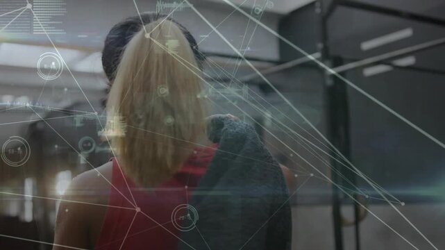 HUD overlays appearing and sweeping frame, causing woman slinging jacket and preparing for workout