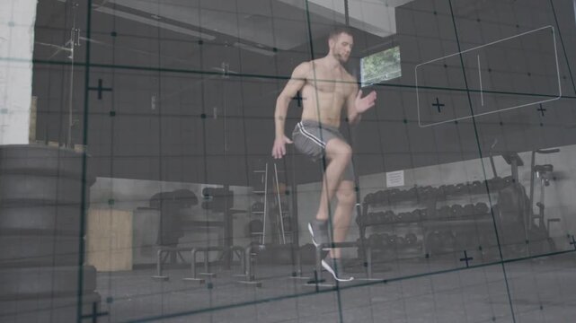 Man doing alternating high-knees across boxes, drill starting for fitness, grid overlaying subject