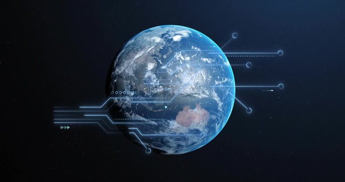 Left traces activating extending to Earth, pulsing with ticks and nodes, rotating for tech view