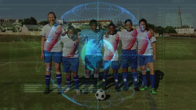Vertical video: Blue globe appearing team posing rings turning around squad and ball showing sports