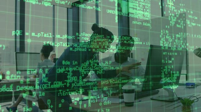 Woman approaching desk, pointing tablet, guiding developer reviewing code overlay for bug fix