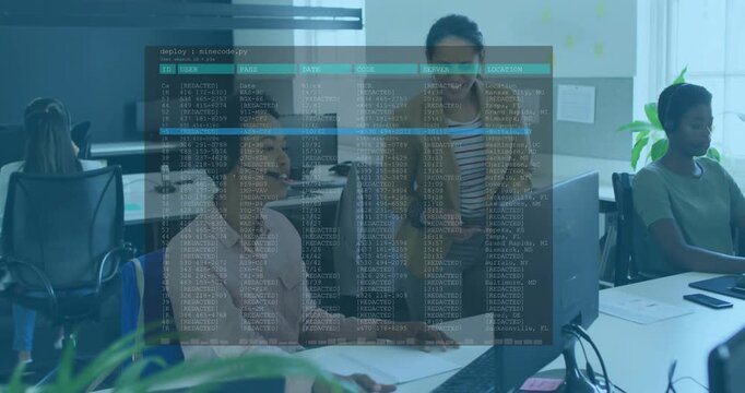 Standing lead coming, starting business chat, seated headset typing as log overlay showing blue row