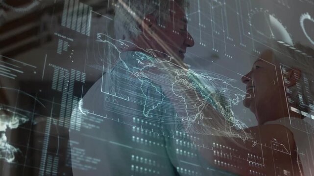 After eye contact senior couple leaning in touching translucent map UI over them monitoring care