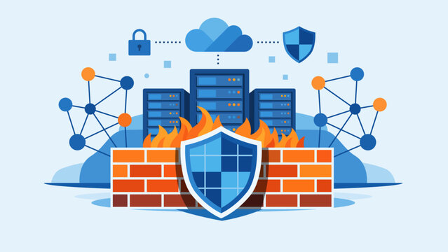 Firewall security protecting network servers and cloud infrastructure, cybersecurity vector illustration