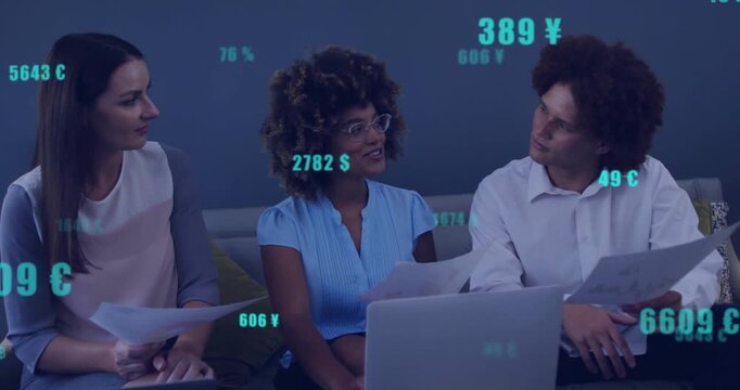 Central woman holding papers, speaking to laptop causing cyan currency overlays updating finance