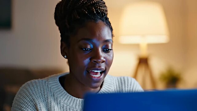 Young African woman engaging with technology, expressing a range of emotions from joy to thoughtful concentration, perfectly capturing the spirit of International Youth Day and Youth Day Celebration.