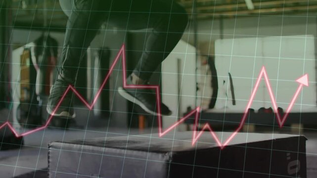 Man shifting weight, stepping onto padded box for fitness training, grid and pink graph syncing