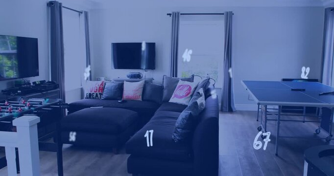 Sectional sofa staying focal while camera panning revealing room, numbers drifting for marketing