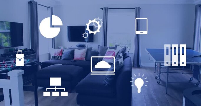 Sofa centering while UI icons pulsing, blue shift starting laptop cloud toggling, showing tech demo