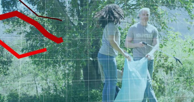 Opening blue trash bag, team using litter grabber, cleaning park while red grid overlay sweeping