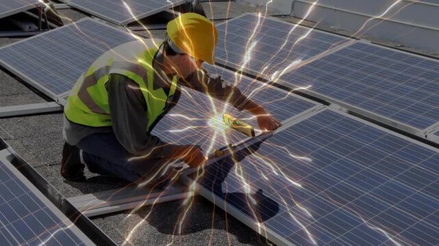 Tech kneeling placing solar panel on rails using level tightening clamp glowing joint securing fit