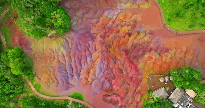 Aerial view of seven coloured earths on island Mauritius. Tourist attraction on island Mauritius