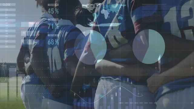 Women players linking arms, camera panning and analytics showing jerseys 10 13 for sports analysis