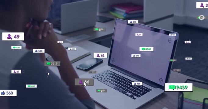 Woman sitting at laptop, screen starting social badges clustering near laptop fading showing spike
