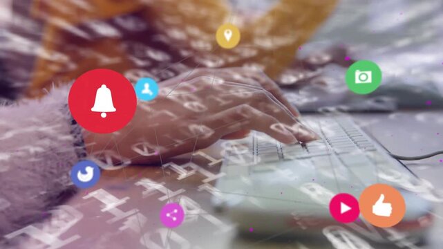 Typing hands on white keyboard responding to red bell notification, moving to mouse at home desk