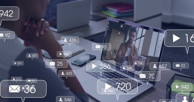 Female viewer watching laptop host gesturing, sparking marketing likes mail bubbles hiding laptop
