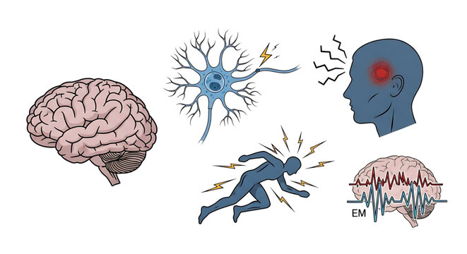 A vector graphic illustration depicting various aspects of brain function and neurological activity