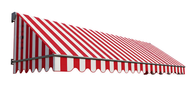 A red and white striped awning against a black background