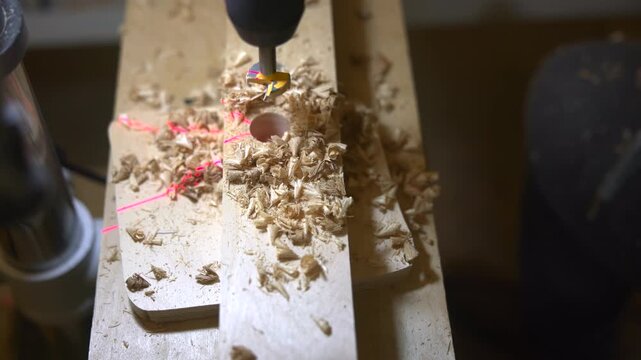 Skilled Carpenter Employs Laser Guidance To Create Precise Drilled Holes In Furniture Assembly. Media