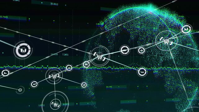 Central node pulsing, network expanding and linking cart or chart icons, showing global data flow
