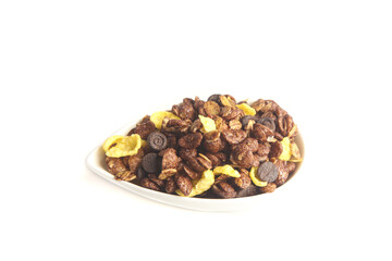 Obraz premium Chocolate Cereal Mix with Corn Flakes in White Bowl Studio Shot on White Background