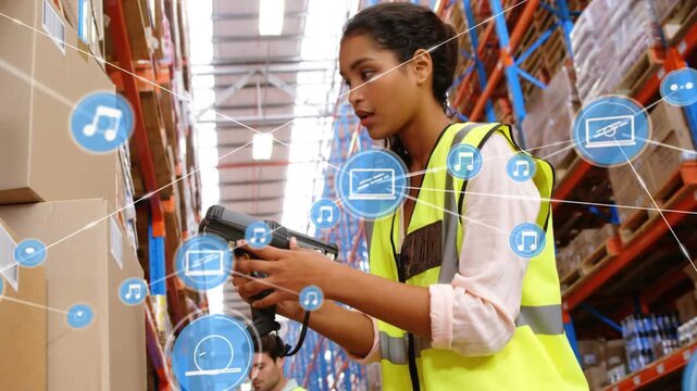 Woman warehouse worker scanning boxes in aisle blue icons appearing pressing scanner updating stock