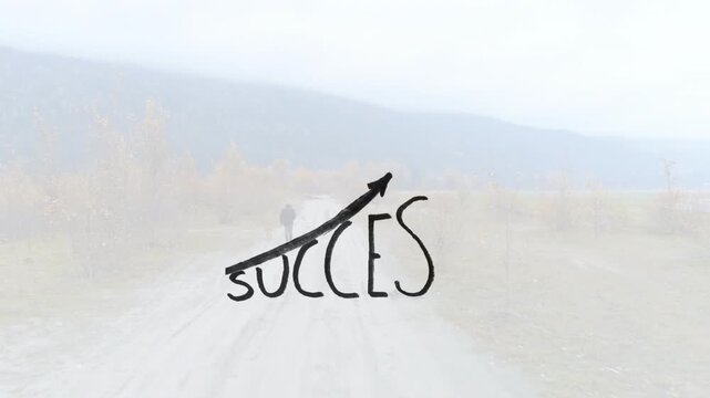 Man walking dirt road to horizon, ink strokes forming SUCCESS arrow overlaying center for marketing