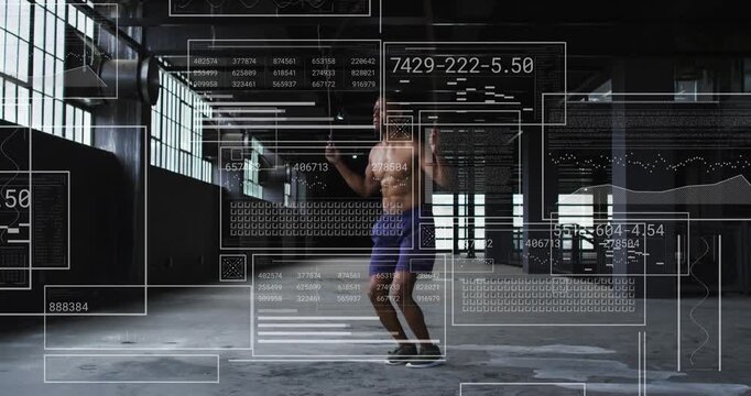 Man starting jump rope in factory, keeping two-foot rhythm as HUD overlays tracking torso fitness