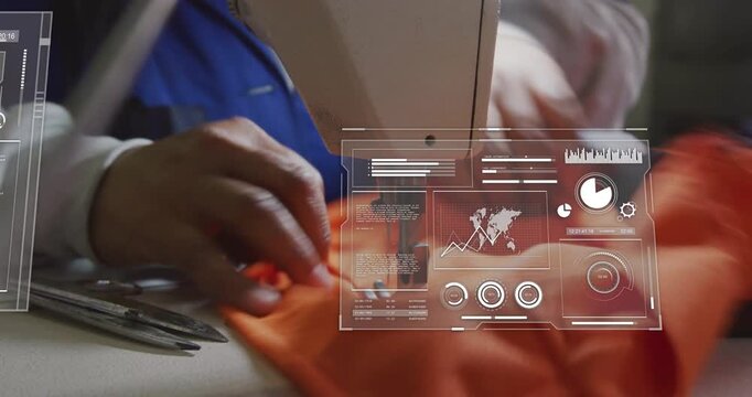 Seamstress hands guiding orange garment under needle, HUD guiding seam path while machine stitching