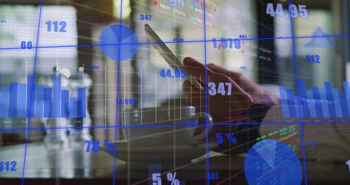 Man tapping and swiping smartphone at cafe, navigating finance data, animated charts overlaying cup