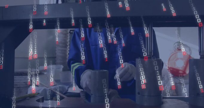 Scooping worker in blue coat wearing white gloves, filling metal molds under press, binary overlay