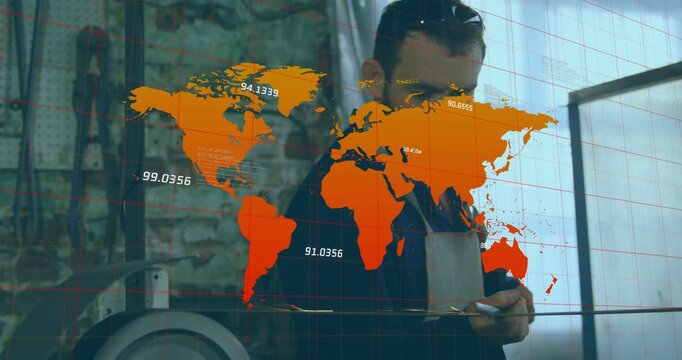 Worker adjusting small rod in shop, map overlay appearing with number labels guiding calibration
