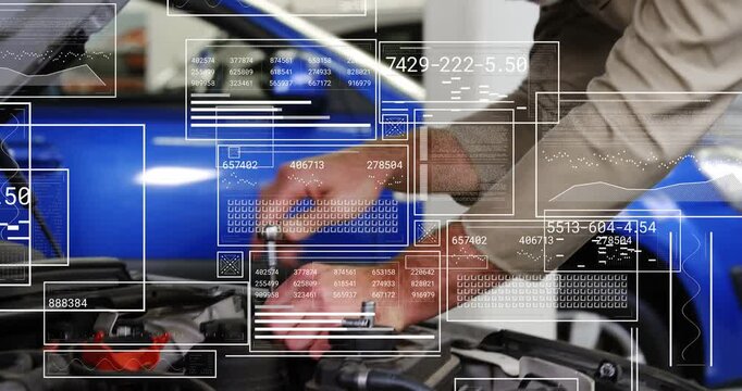 Male mechanic grabbing ratchet, torquing engine bolts in garage for repair while HUD showing parts